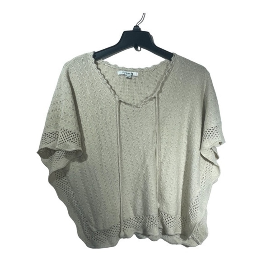 Forever 21 Womens Sweater Open Knit Beige Poncho Style Tie Neck Size Small